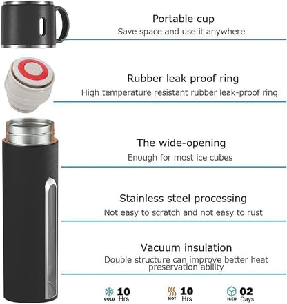 Stainless Steel Vacuum Flask Set with 3 Cups (500ml) Keeps Drinks Hot or Cold for Hours, Perfect for Travel