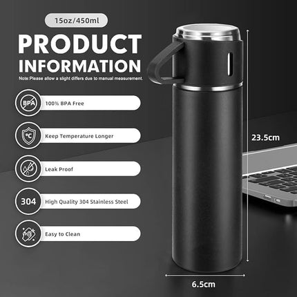 Stainless Steel Vacuum Flask Set with 3 Cups (500ml) Keeps Drinks Hot or Cold for Hours, Perfect for Travel